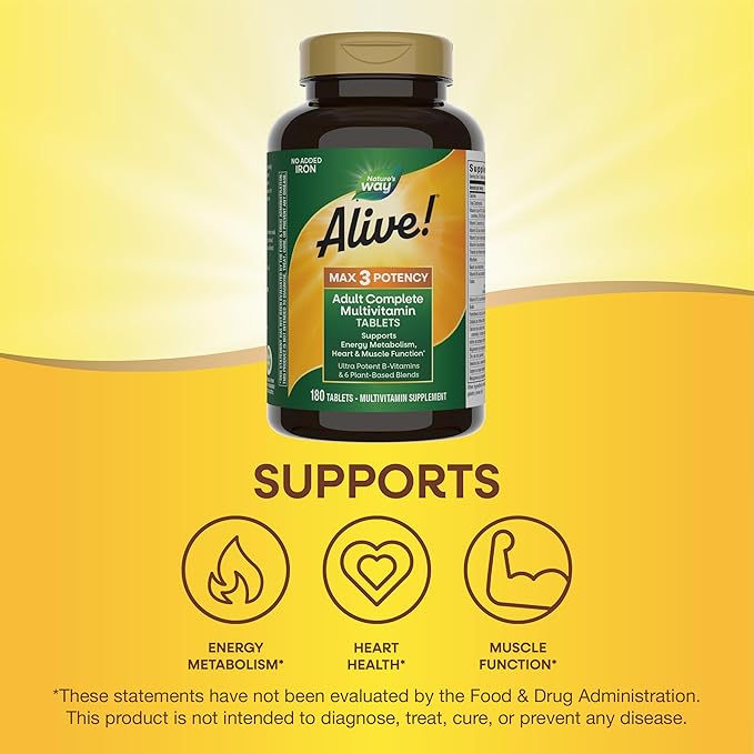 Nature's Way Alive! Max3 Potency Adult Complete Multivitamin, High Potency B-Vitamins to Support Energy Metabolism*, with Methylated B12 and Folate, No Added Iron, 180 Tablets