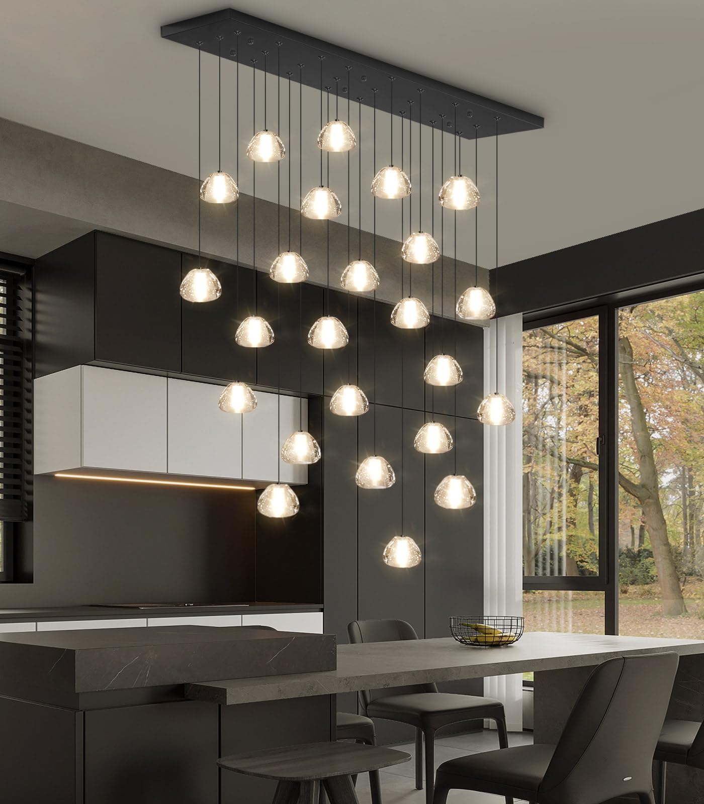 Dolria 24-Lights Modern Rectangular Crystal Chandelier Led Raindrop Ceiling Pendant Light Crystal Lighting Fixture For Living Room Hotel Staircase Hallway Foyer Entryway Bedroom Black