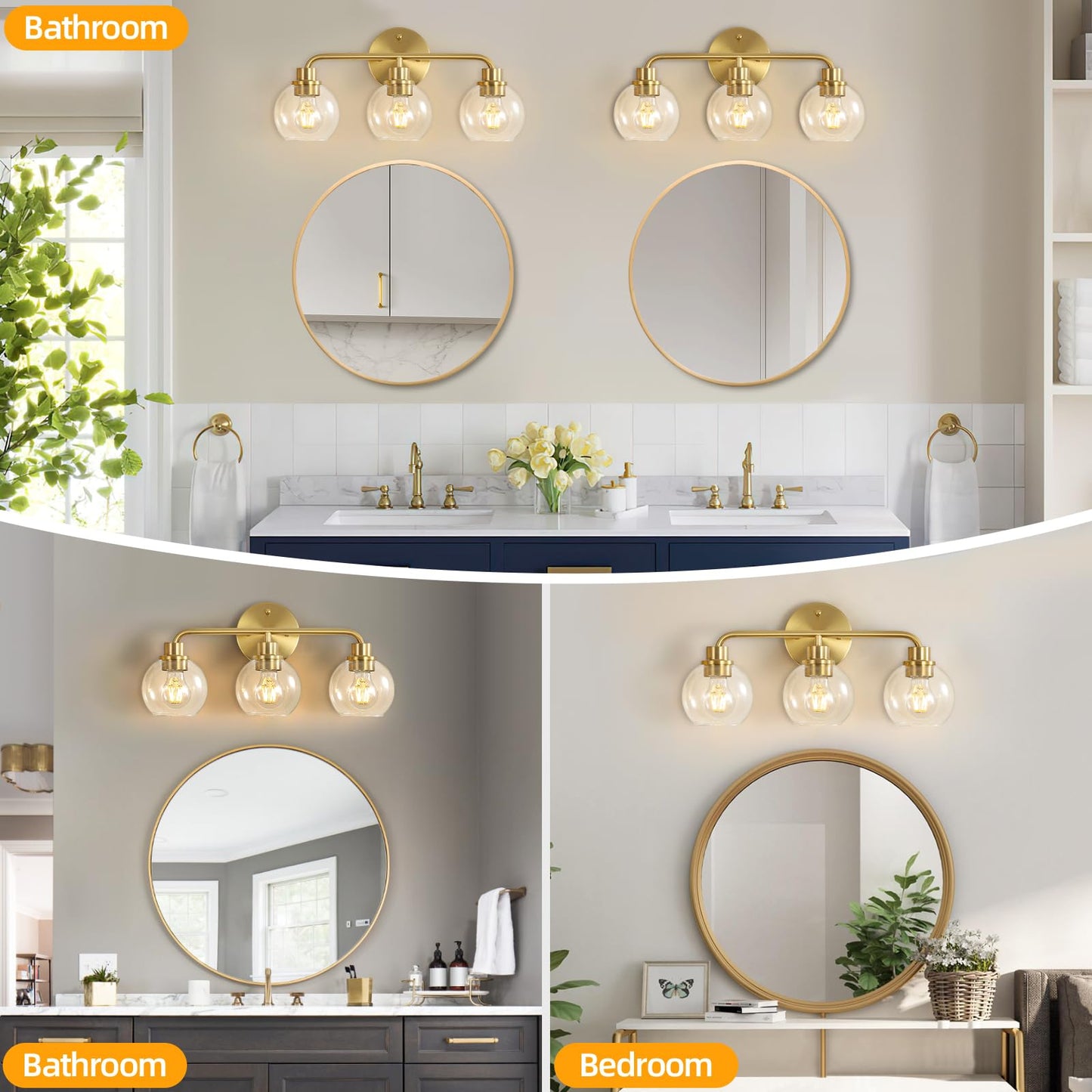 Bathroom Light Fixtures Gold Vanity Light 3 Light Wall Sconces Lighting Brushed Brass Lights with Clear Globe Glass Shades Bath Wall Lamp for Mirror Kitchen Living Room Bedroom Hallway
