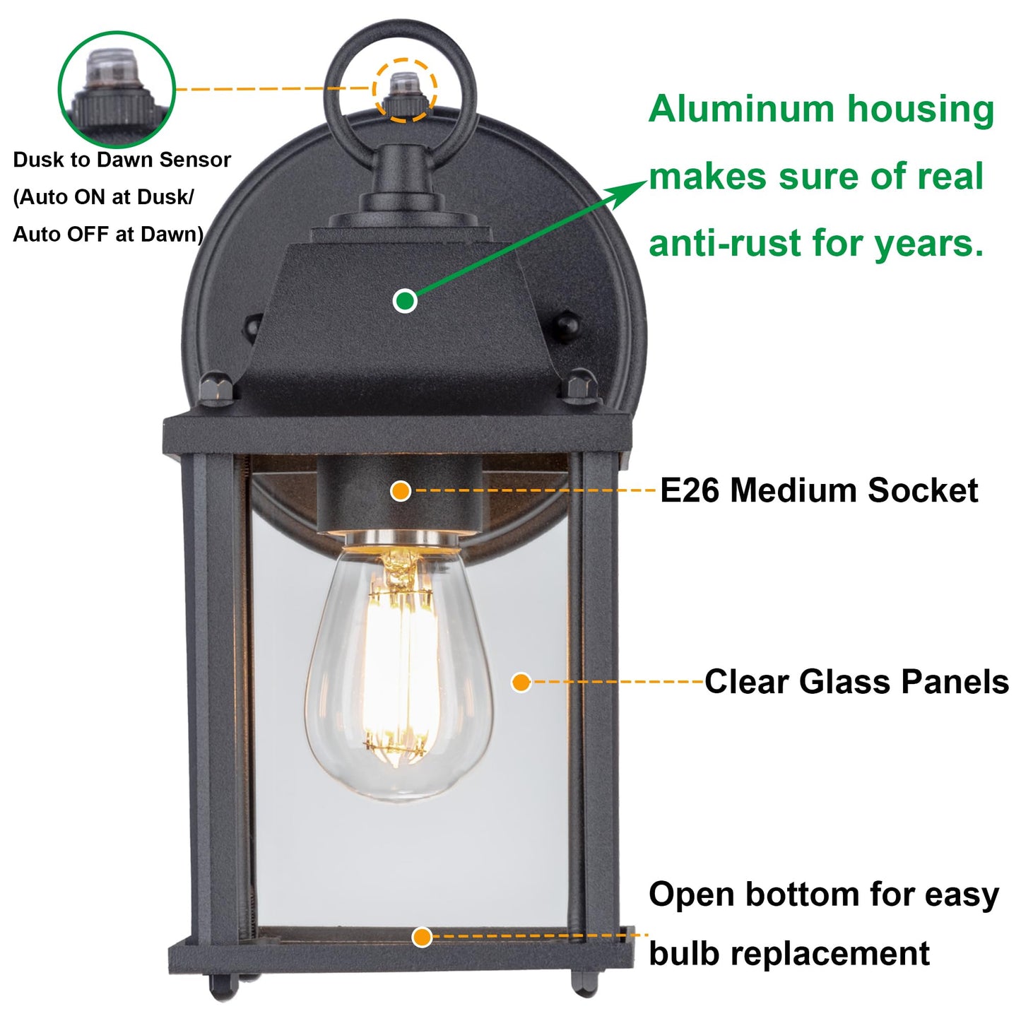 LIT-PaTH Outdoor Wall Lantern, ETL Qualified, Aluminum & Glass, 60W Max, 1-Pack, Black, Model LT-WL009