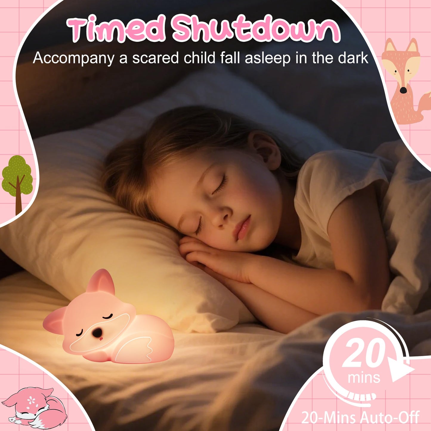 Okayera Fox Lamp For Girls  Pink Silicone Squishy Fox Shaped  20 Mins Auto-Off Rechargeable Dimmable Night Light  Fox Gifts For Nursery Baby Girl Women  Christmas Idea