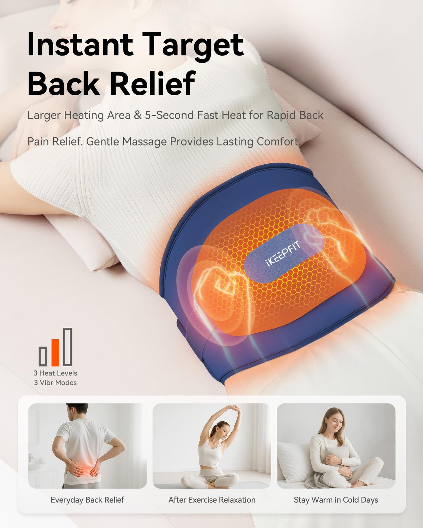 IKEEPFIT Portable Heating Pad for Back, Cordless Wearable Heat Belt with Massager for Lower Back Pain Relief, Battery Powered 8000 mAh Rechargeable, MAXwarm® 3.0, Gift for Women Men 90-310 lbs