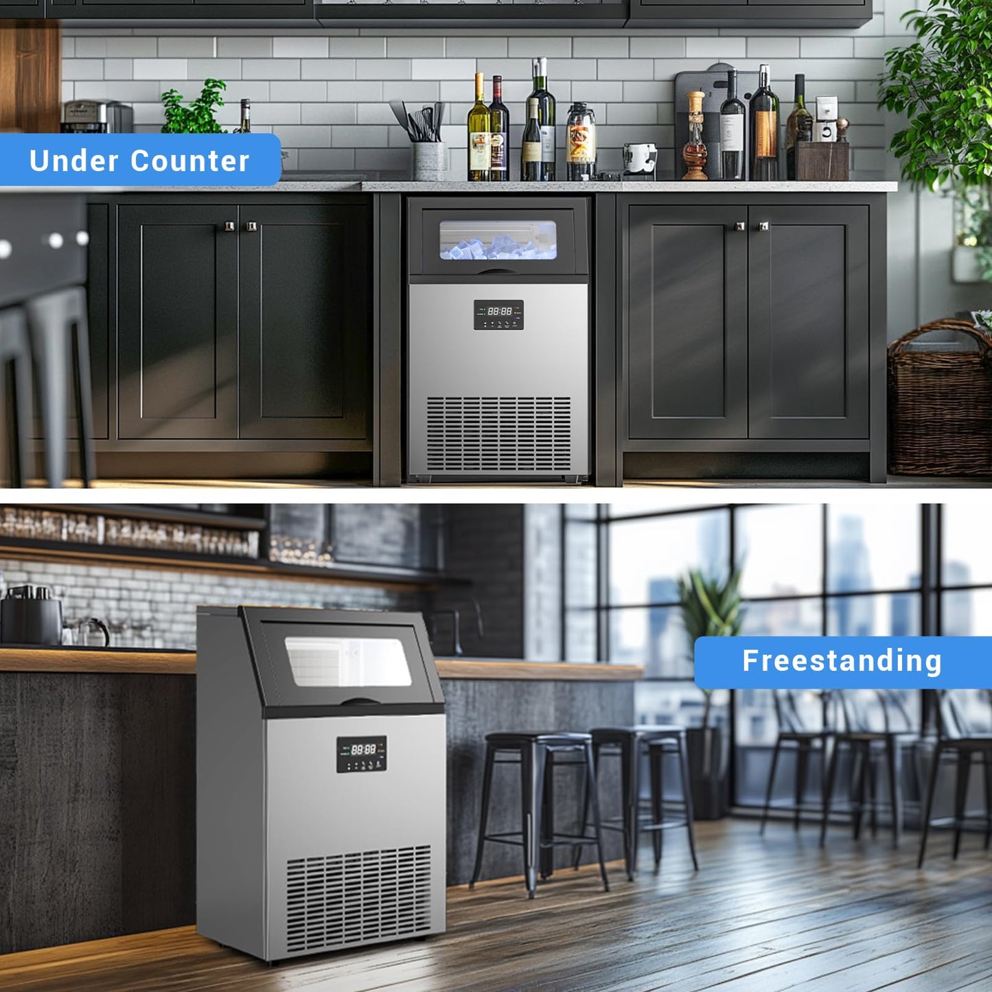 Commercial Ice Maker Machine, 200lbs/Day Under Counter Ice Machine with 50 Lbs Storage Bin, 55 Ice Cubes in 8-12 Mins Free Standing Ice Maker for Home/Bar/Restaurant/Outdoor