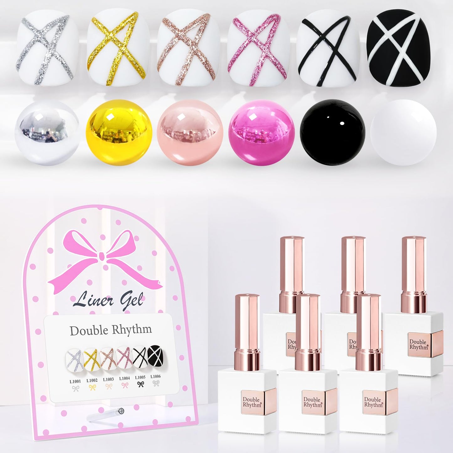 Double Rhythm 6 Pcs 15 ML Gel Liner Polish Nail Art Set Chrome Metallic Glitter Soak Off Gel Polish Kit Nail Art Manicure Salon DIY at Home for Women (Gold Silver Black White-T6-52)
