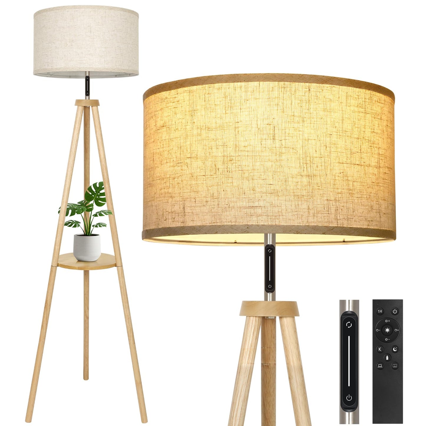 OUTON Wood Tripod Floor Lamp, Mid Century Modern, Dimmable with Remote, Beige Shade, Sturdy Design for Living Room, Bedroom, Office