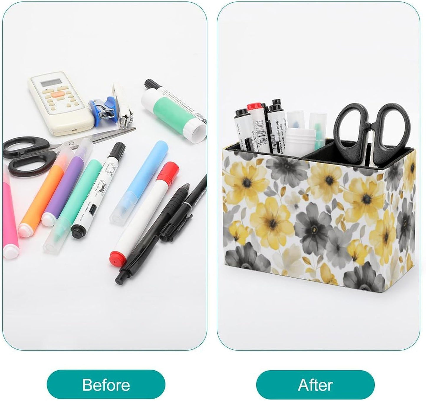 Floral Yellow And Lether Pen Holder for Desk Makeup Brush Holder Office Organizer Desk Accessory for School Office