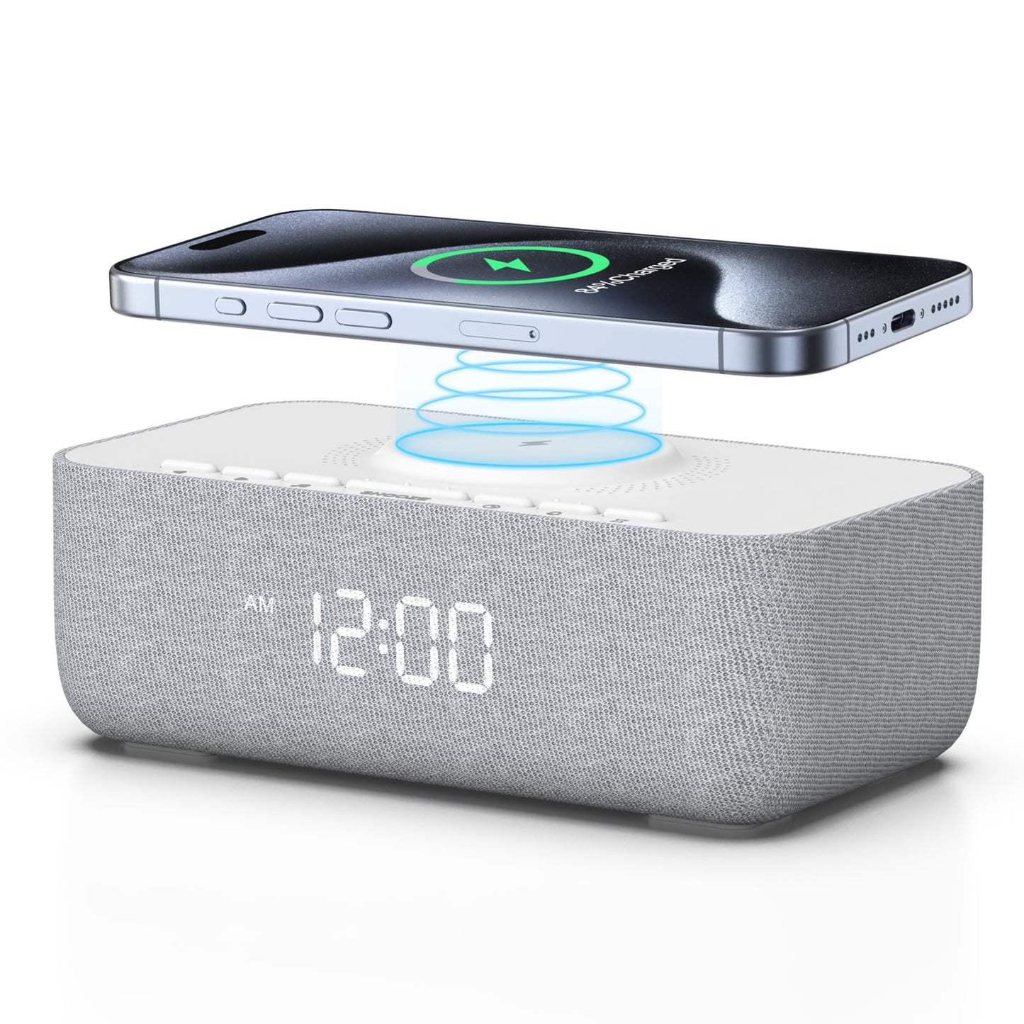 REACHER 15W Fast Wireless Charging Alarm Clock with White Noise Machine │ 20 High-Fidelity Sleep Sounds │ Gradual Wake & Unlimited Snooze │ 0–100% Dimmable Digital Clock for Bedroom & Office