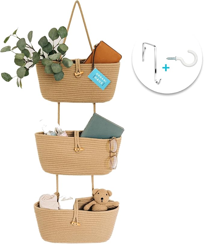 OrganiHaus Over the Door Hanging Basket for Organizing, 3-Tier Hanging Wall Basket for Storage, Boho Nursery Decor for Wall, Behind Door Wall Storage, Wall Organizer for Office, Wall Toy Storage Honey