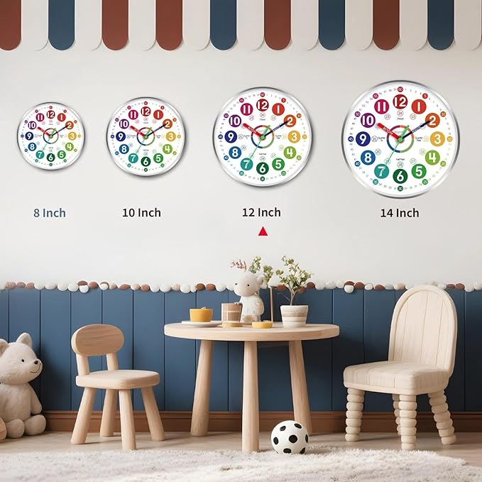 Wall Clock for Kids Learning - Teaching Time Wall Clocks Battery Operated Silent Non Ticking - Analog Colorful Clock Decorative for Kids Room Classroom School(12 Inch&Silver)