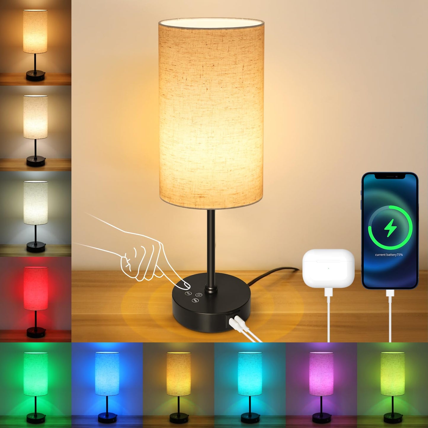Unicozin Table Lamp, 3 CCT RGB Color Changing, Stepless Dimmable, 17Inch, Beige-Black Shade