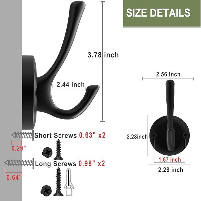 Black Towel Hooks for Wall, 5 Pack Coat Robe Hook Heavy Duty Metal Double Bath Hook Wall Mounted, Hat Hooks for Cubicle Bathroom Kitchen Closet Garage