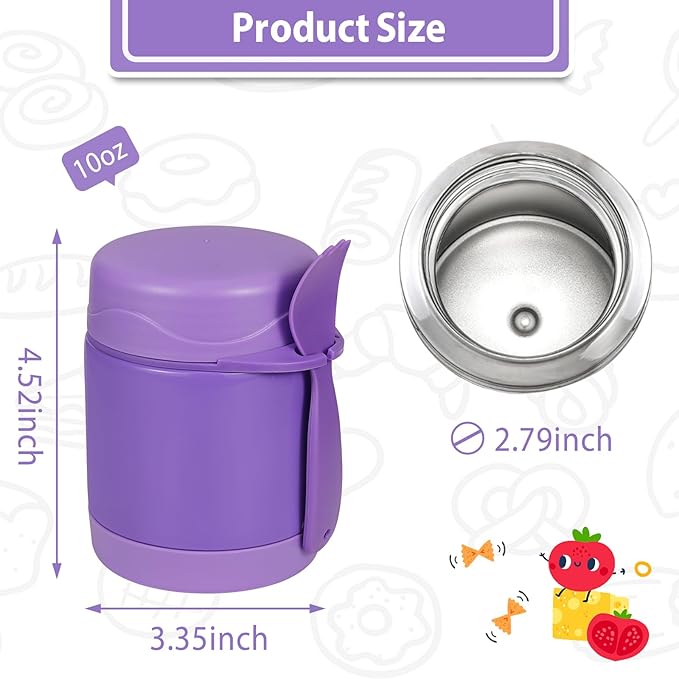 10oz Soup Thermo for Hot Food Kids, Insulated Food Jar with Spoon, Leak Proof Stainless Steel Wide Mouth Lunch Food Thermo Jar for School (Purple)