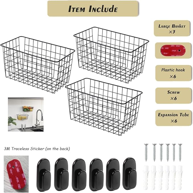 3 Pack【Extra Large】Hanging Kitchen Basket,Wire Storage Basket,with Traceless Tape and High-Strength Nylon Hooks,no Drilling,for Cabinet Storage,Kitchen,Bathroom,Storage Room,large capacity