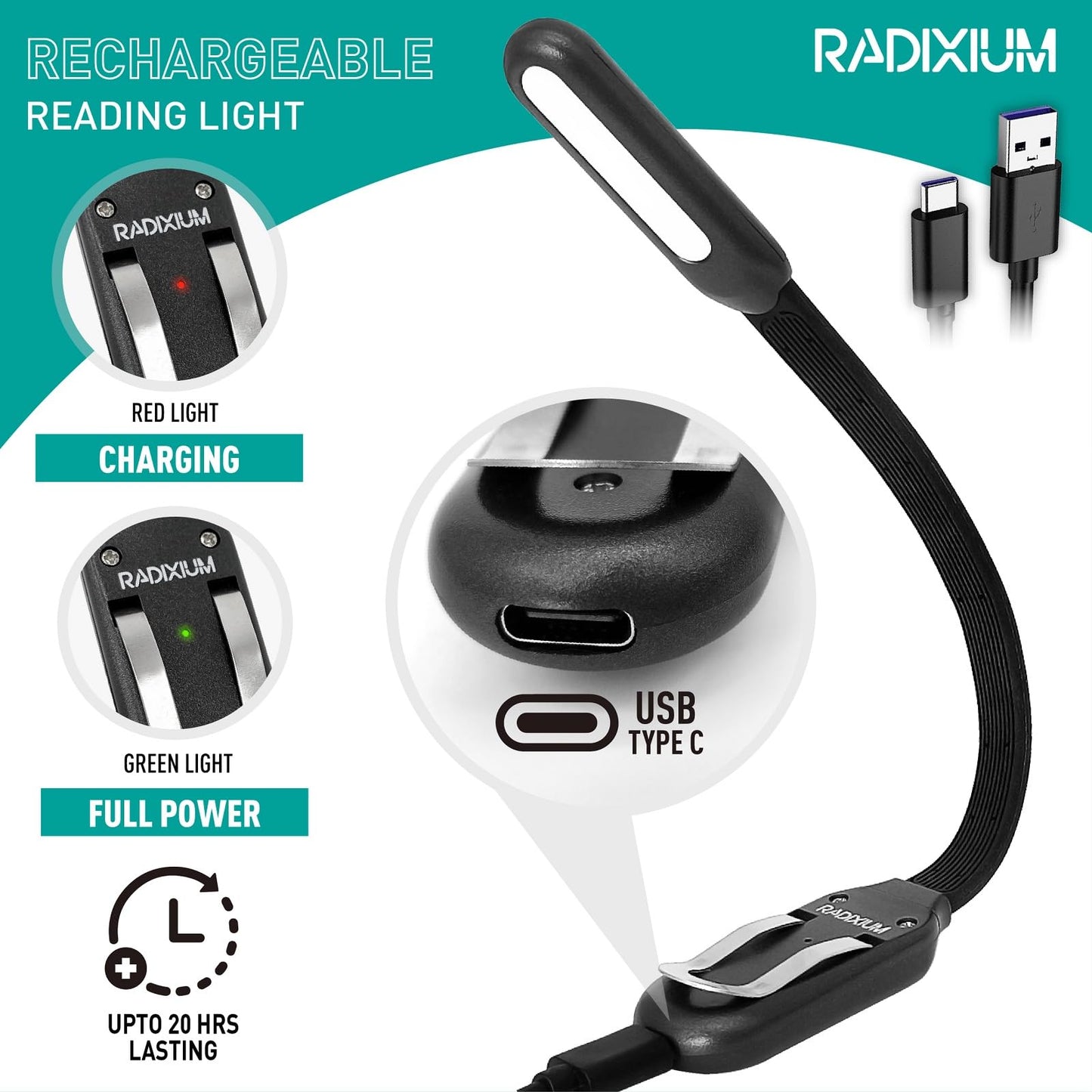 Radixium Slim Rechargeable Book Reading Light  Eye Caring Led With 4 Color Temperatures  Portable Clip On Book Light For Reading In Bed & Travelling. Prefect Elegant White Gift For Book Lover.(Black)