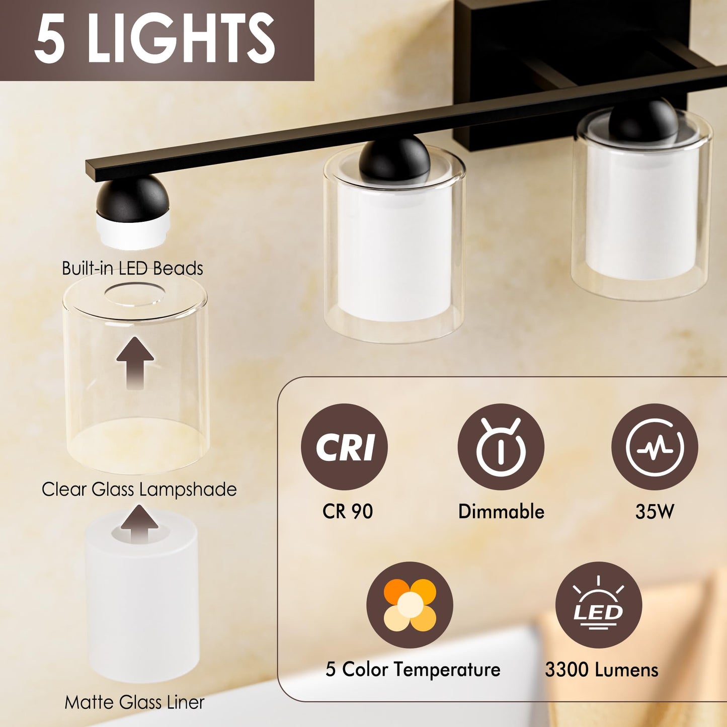 Quntis Bathroom Vanity Light Fixture - 5 Light Dimmable LED, Milk White Frosted Glass, 35W, 33 Inch, Black & Clear