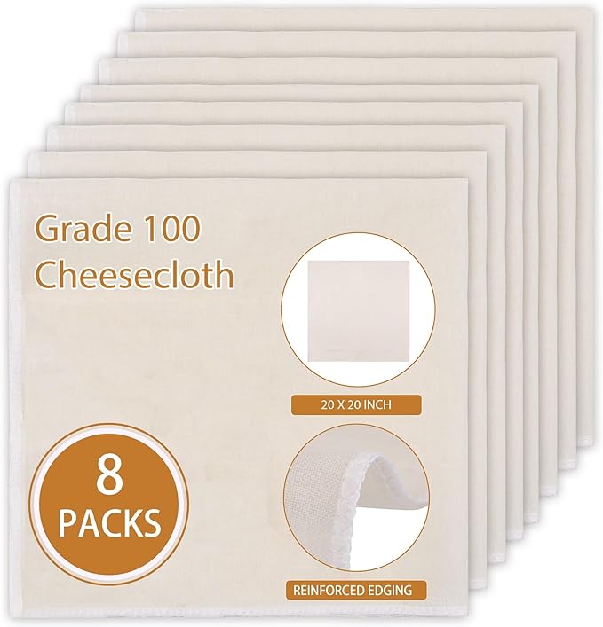 8 PCS Reusable Cheese Cloths for Straining, 20x20 Inch Hemmed Cheesecloth, 100% Cotton Unbleached Cloth Strainer for Coffee Brewing Cooking, Baking, Juicing, Straining, Cheese Making