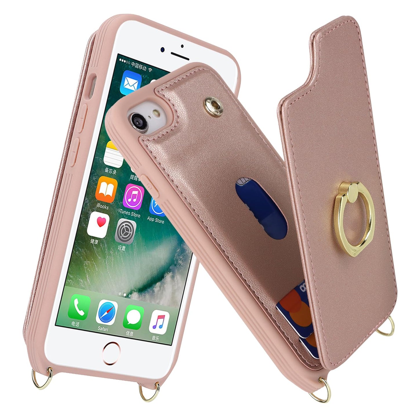 Lipvina For Iphone 7/8/Se 2020/Se 2022 Case With Card Holder And Strap For Women,Crossbody Lanyard,Kickstand Ring Stand,Snap Cla