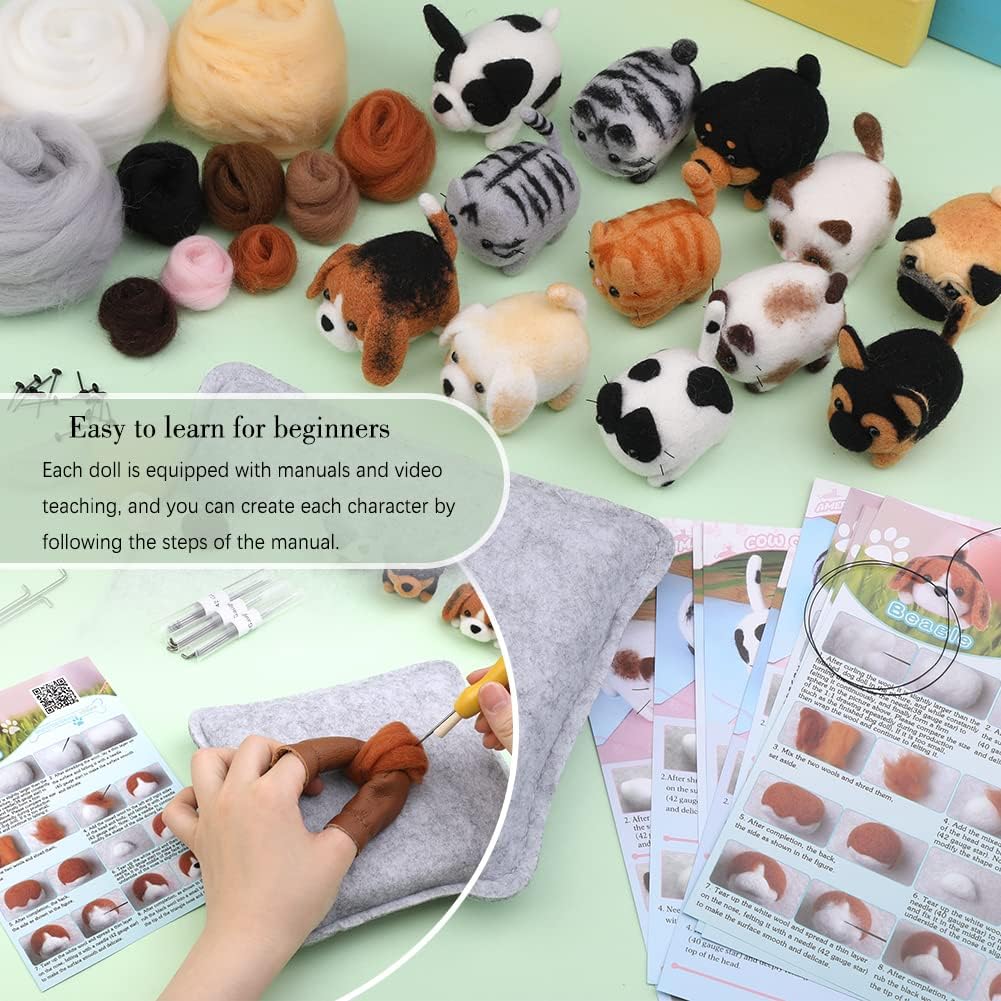 Mayboos Needle Felting Kit, 12 Pieces Doll Making Wool Needle Felting Starter Kit with Instruction, Felting Foam Mat and DIY Needle Felting Supply for DIY Craft Animal Home Decoration