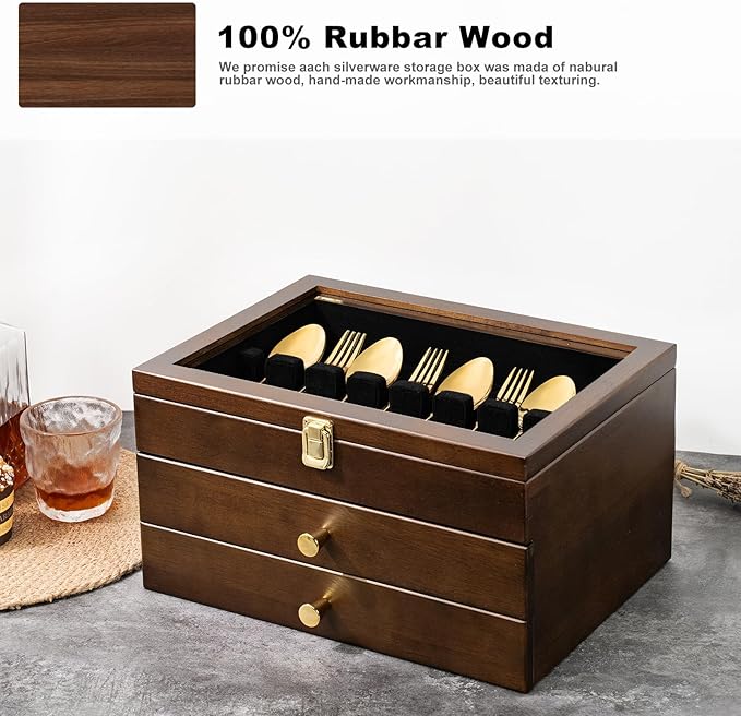 Silverware Box, 3-Layer Wooden Silverware Storage Box with Glass Lid, 14.5×10.6 Inches Luxury Style Decor Flatware Storage Case for Fine Flatware & Utensils, Gift Idea (Walnut)