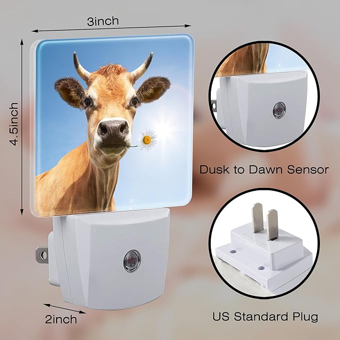 Cow Bite A Flower Night Light Plug into Wall, Cute Animal Floral Dusk to Dawn Night Light, 0.5w Energy Saving Sleep Friendly Nightlights for Kids Boys Girls Home Decor