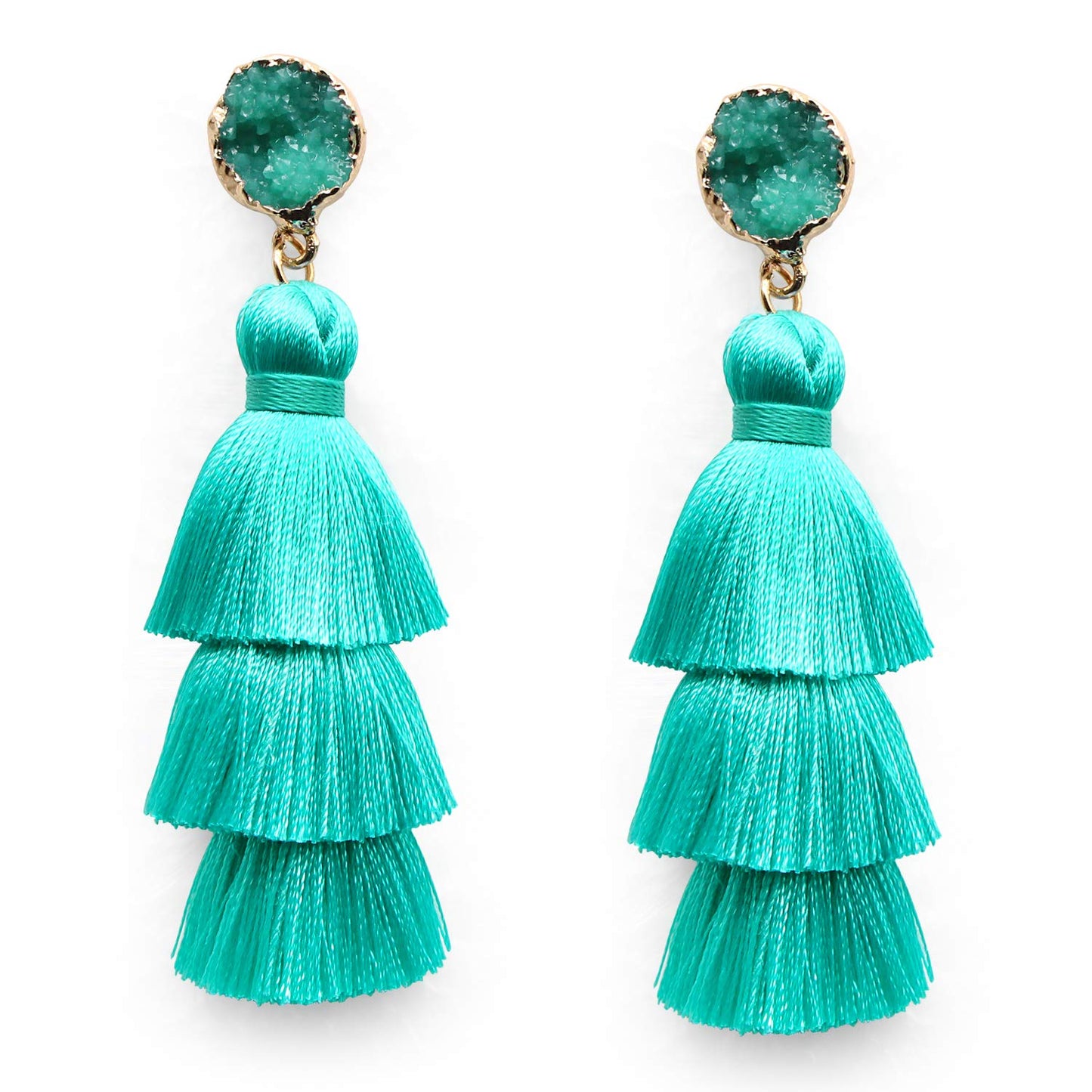 Me&Hz Fashion Layered Tassel Dangle Earrings Statement Lightweight Drop Earrings Hypoallergenic Studs for Women Turquoise Green
