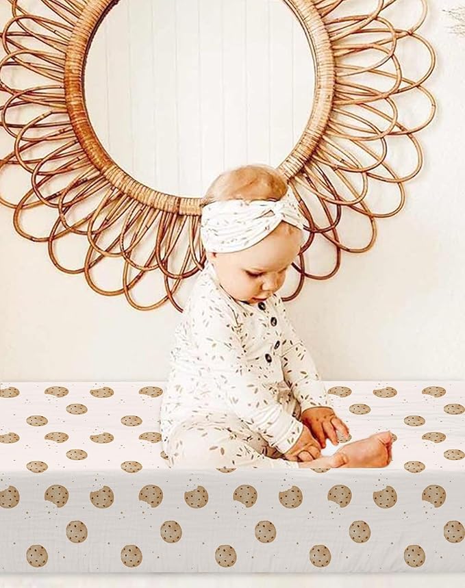 Changing Pad Cover for Baby Boy Girl 2 Pack, Muslin Changing Table Pad Covers with Boho Style, Neutral Nursery Bedding Essentials Soft and Breathable (Cookie & Light Khaki)