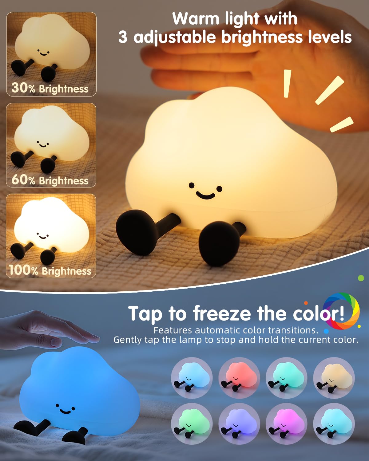 YISUN Cloud Night Light - Colorful Silicone Bedside Lamp, Rechargeable & Dimmable, Model DH-BFLD27