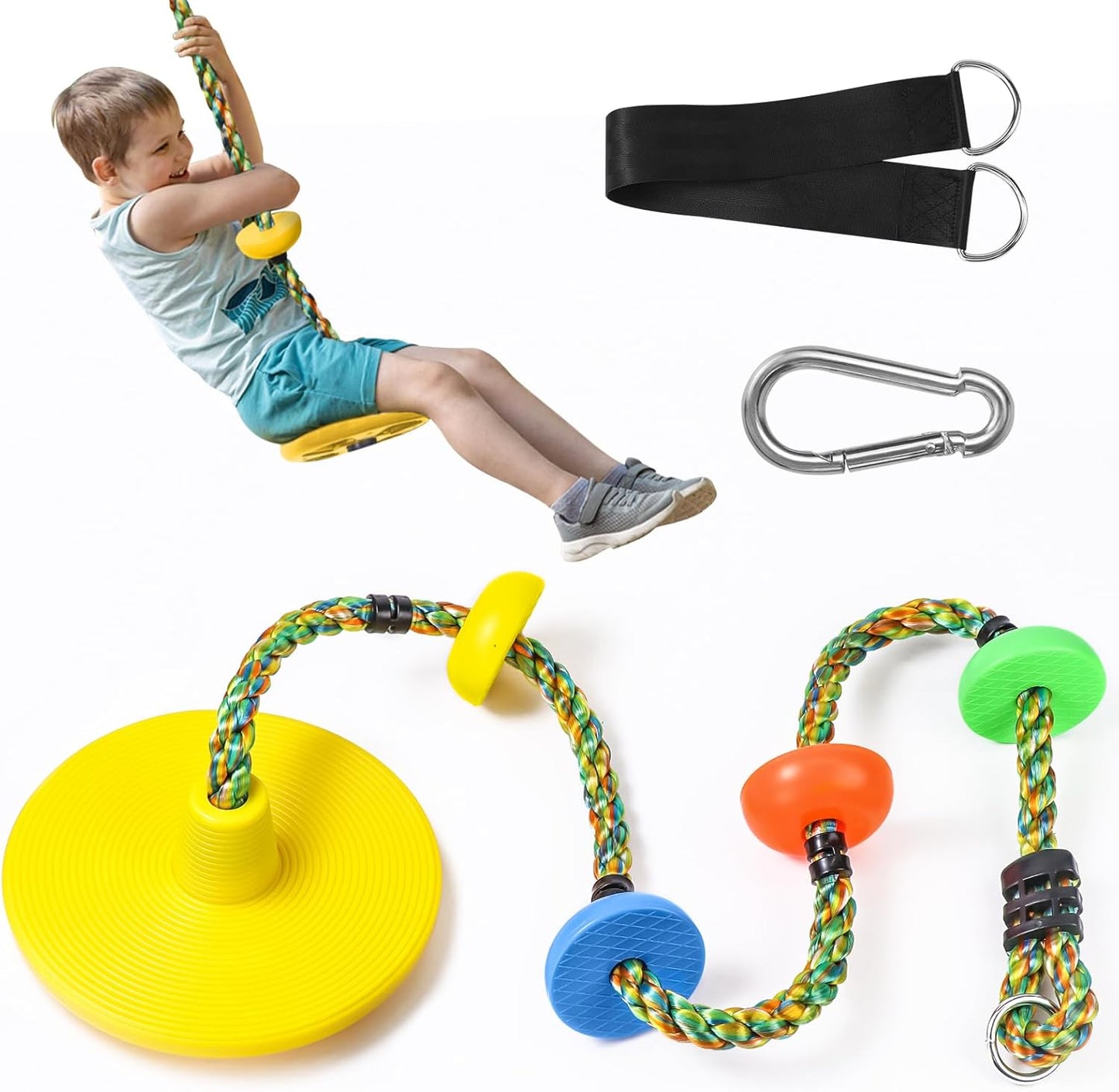 Climbing Rope Tree Swing with Platforms and Disc Swing Seat Set Outdoor Playground Accessories for Kids Including Hanging Strap & Carabiner Rope Swings for Tree Kids Swing Set Accessories