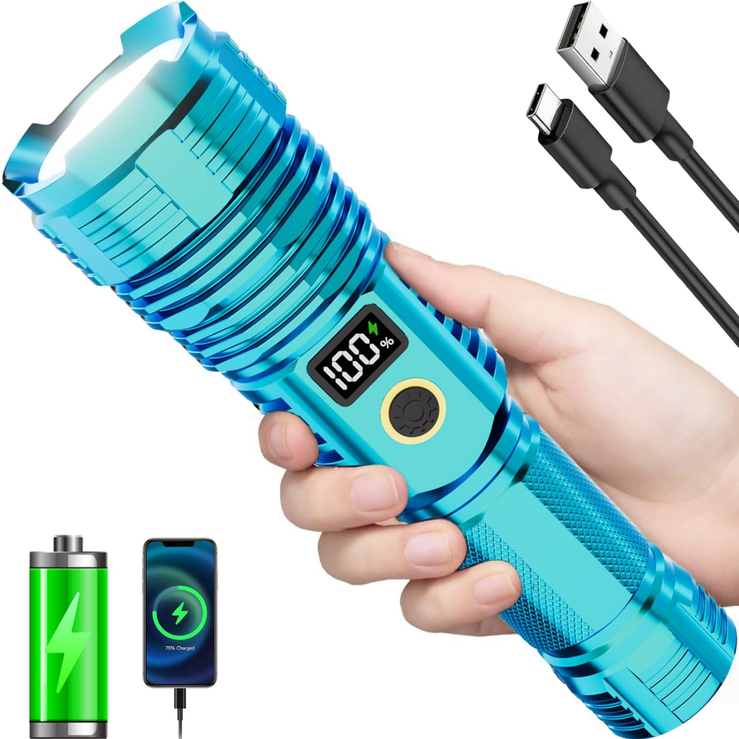CHILDBOT High Lumens Rechargeable Flashlight, 990000LM, Waterproof, Aluminum, Model Y1915C, Turquoise