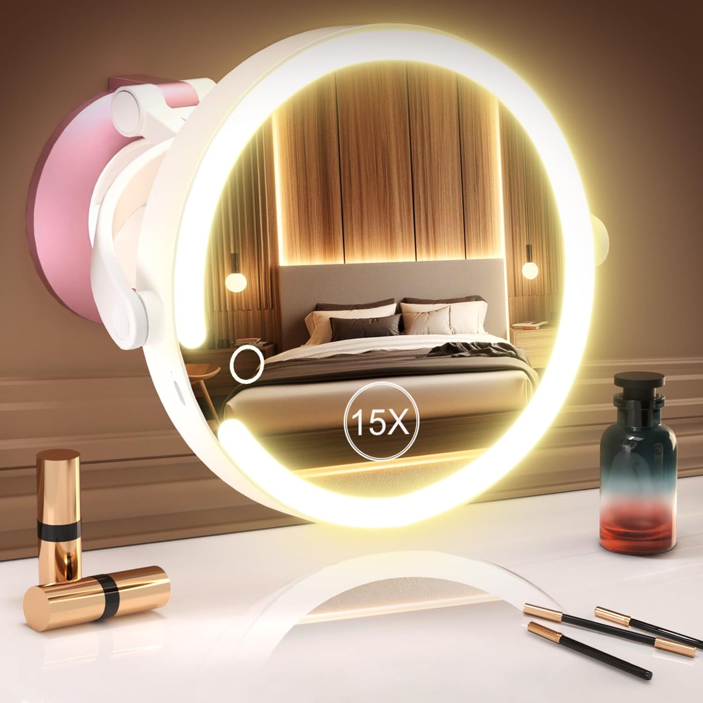 vpu 15X/1X Wall Mounted Magnifying Makeup Mirror with Power Suction Cup, Rechargeable Double Sided Regular HD/Magnification 3 Co