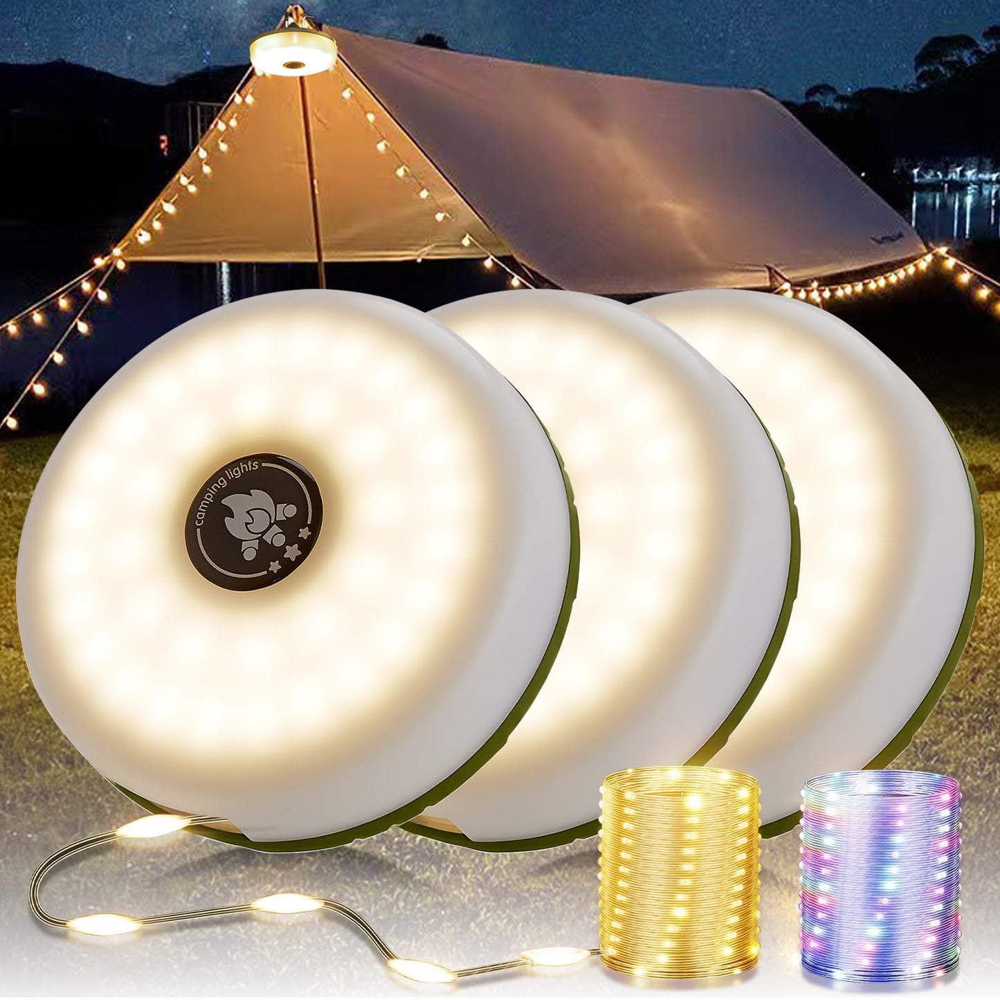 3-Pack Camping String Lights  4 In 1 Portable Camping Light Rechargeable  8 Lighting Modes  Usb Charging  Quick Storage  32.8Ft Waterproof Tent Lights String For Camping  Hiking  Yard  Christmas