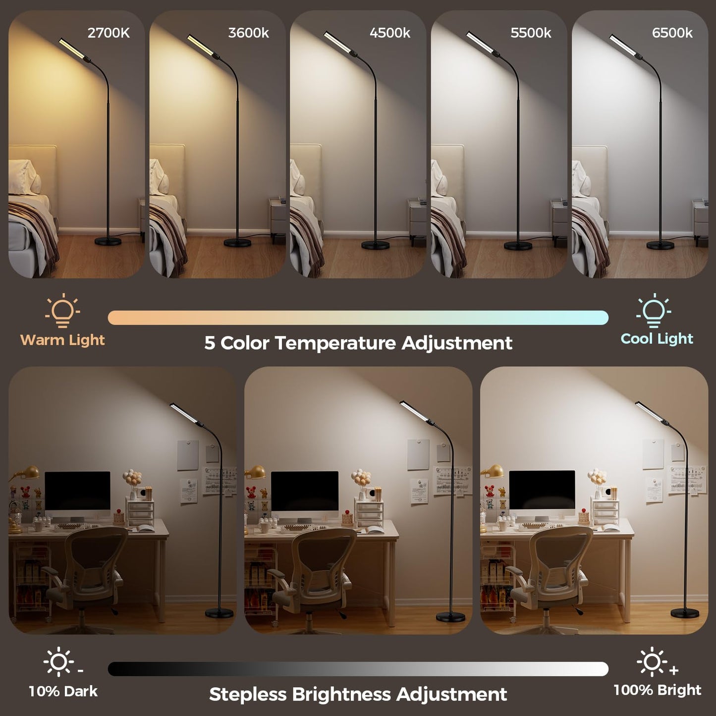 VrimNowit LED Floor Lamp - Adjustable Color Temperatures & Brightness, Dual Head Gooseneck, Remote Control, Black, Model V-FL-ST06