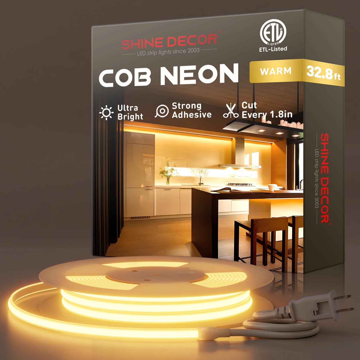 Shine Decor Cob Led Rope Light Ac 120V  800Lm Ultra Bright  Ip65 Waterproof Cold-Resistant Etl Neon Strip  No Driver Tape Lighting For Home Commercial 10X4.5Mm  2800K Warm White  32.8Ft