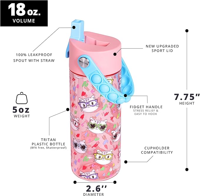 Elemental Leak Proof Water Bottles for Kids - Splash Kids Water Bottle for School with Fun Fidget Pop-it Handle - BPA Free Tritan Plastic Reusable Water Bottle with Straw - Stylish Cat - 18oz