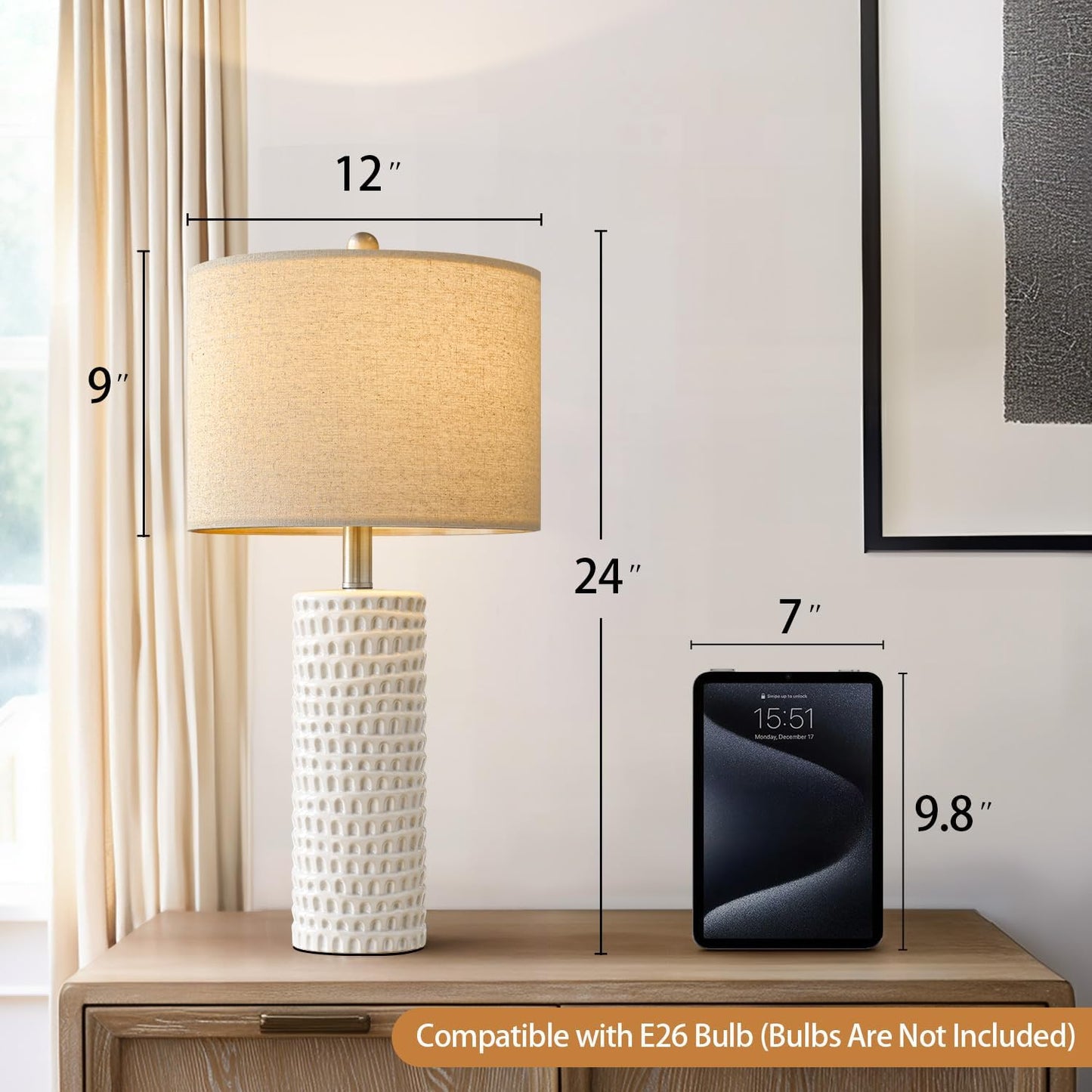 PORTRES 24in Farmhouse Ceramic Table Lamp Set of 2, White, Modern Accent Lighting for Bedroom, Living Room, Office, Model AMZ-T1062L-WH