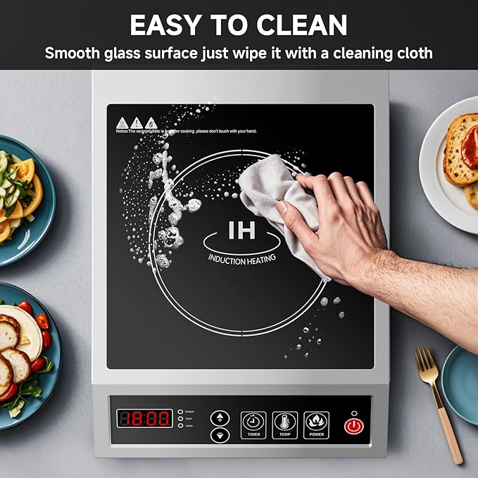 Induction Cooktop Commercial 1800W, Portable Countertop Burner with 8" Fast Heating Coil, 11 Temp/Power Levels, 24H Timer Stainless Steel Electric Stove for for RV Home Kitchen