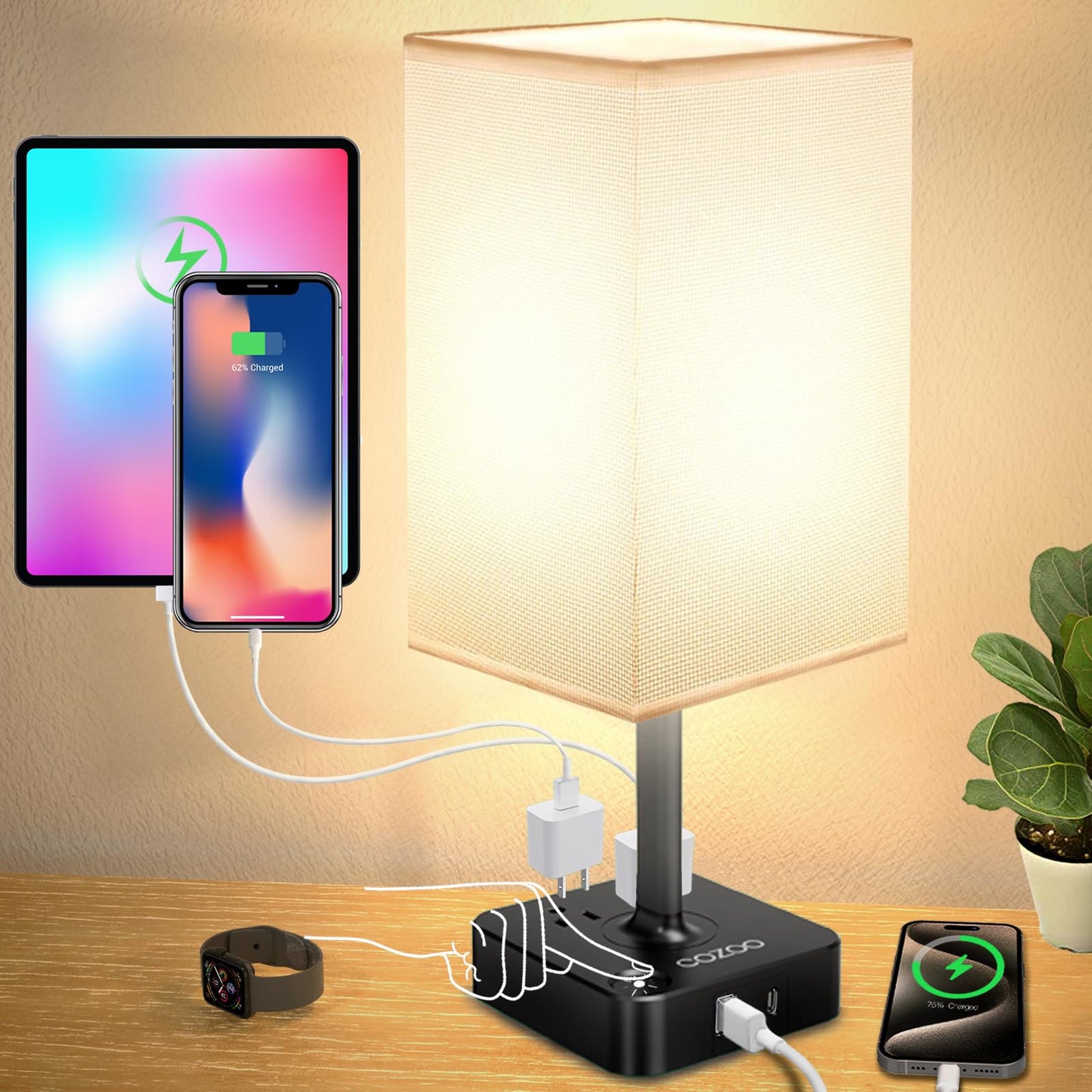 Cozoo USB Bedside Table Desk Lamp with 3 USB Ports, 2 Outlets, White Fabric Shade, 5.2inD x 5.2inW x 13.65inH