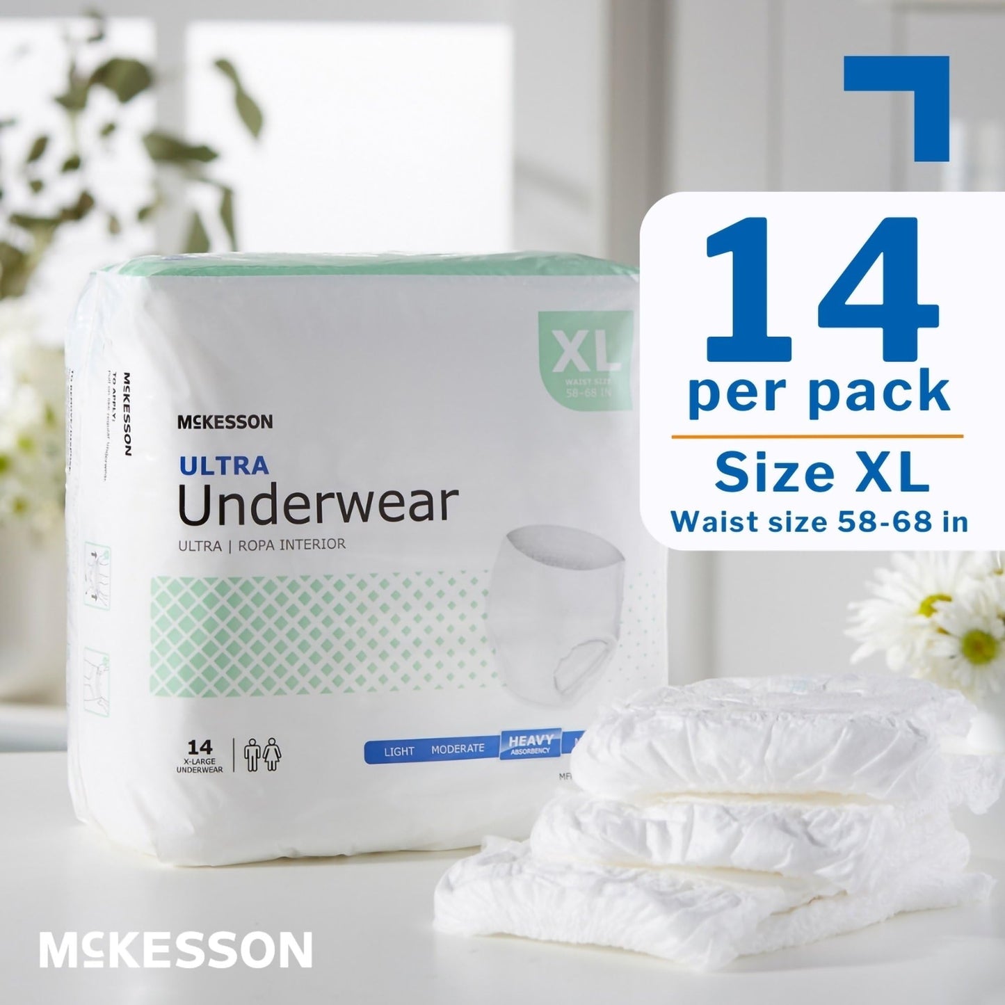 McKesson Ultra Adult Incontinence Underwear, [14 Count], Heavy Absorbency, XL, 58-68 in. Unisex Bladder Leak Protection, Pull-On Style with Tear-Away Sides, Postpartum and Incontinence Support