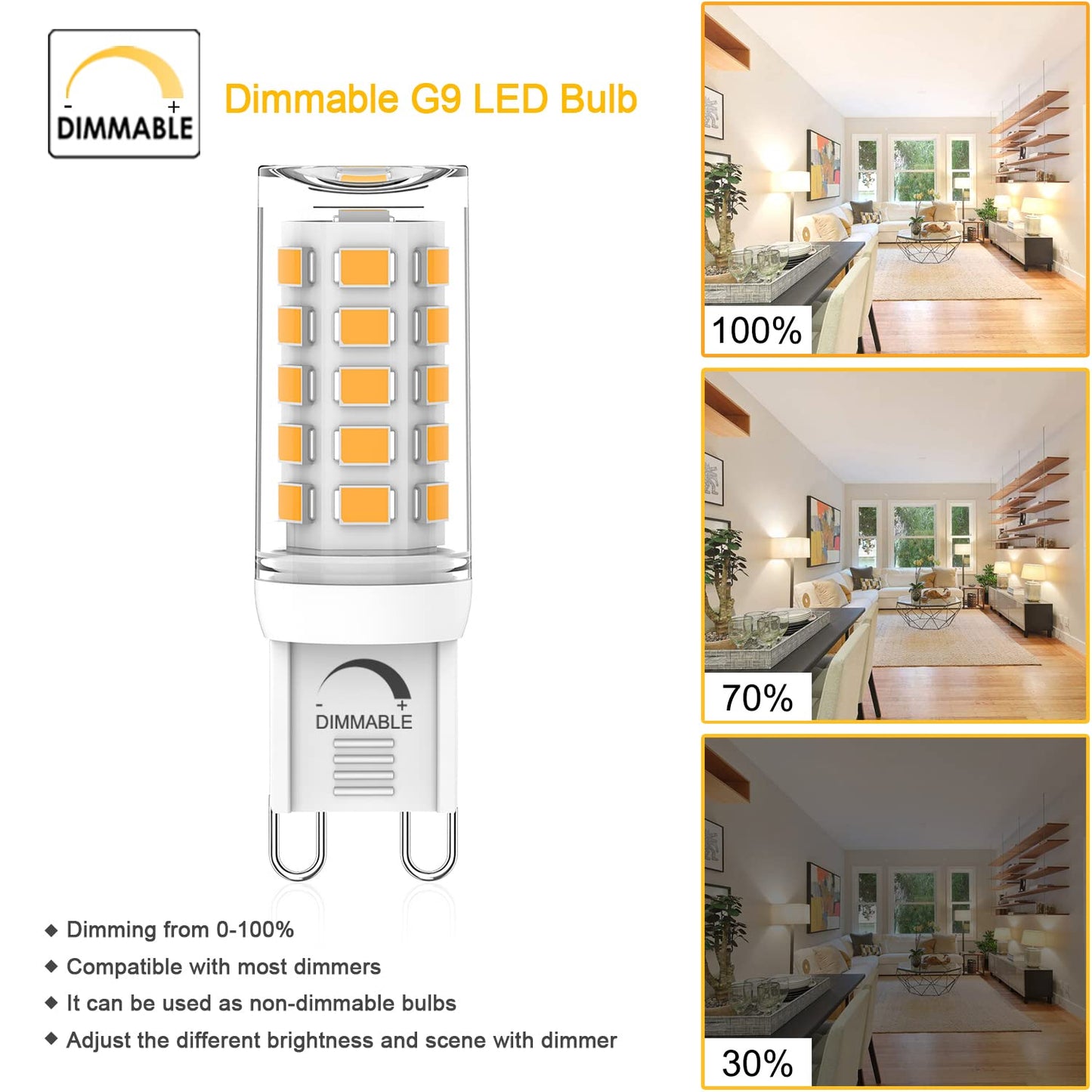 Yuiip G9 Led Bulb, 4W Dimmable, 3000K Warm White, 6 Count, 380Lm, No Flicker, Bi Pin Base