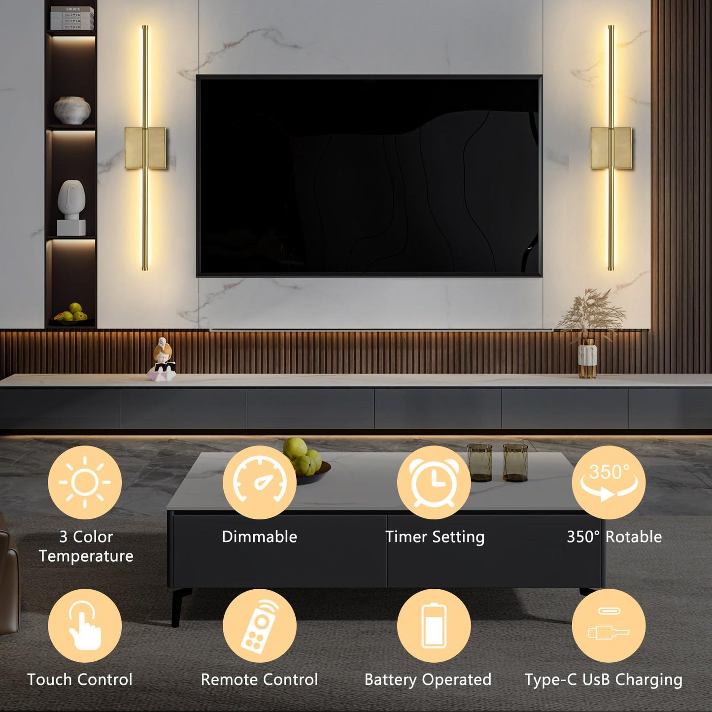 Danhh Wall Sconce, Dimmable 3000K-6000K, Rechargeable, 350° Rotate, 1 Pack, Metal, Gold, Model HCP042