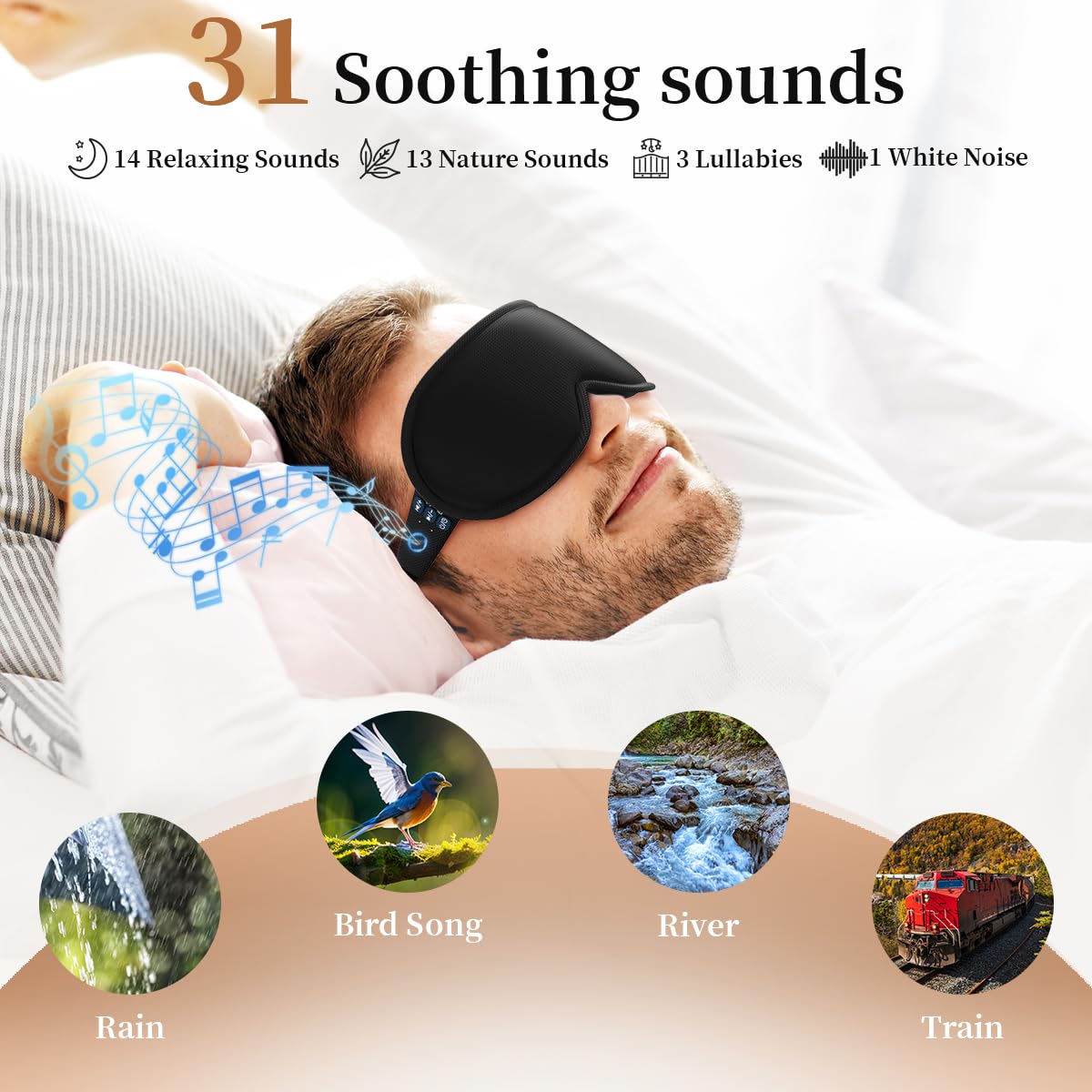 Easysleep 3D Sleep Mask Sleep Headphones White Noise Sleep Eye Mask with 31 Soothing Sounds 3 Timer Soft Adjustable Light Blocking Eye Cover Long Playtime for Sleeper Men Women Travel Gift