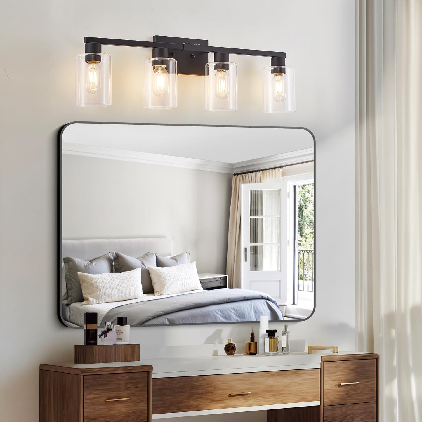 Sopeas 4 Light Bathroom Vanity Light Fixtures  Black Farmhouse Bathroom Vanity Light With Clear Glass Shade  Bathroom Lighting Fixtures Over Mirror  Vanity Lights For Bathroom Mirror