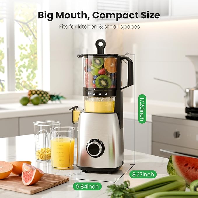 Kismile Cold Press Juicer, 5.4" Wide Feed Chute Slow Masticating Juicer with High Juice Yield, Stainless Steel Juice Machine for Fruits and Vegetables, Includes 1.2L Pulp Bin & 1L Juice Cup