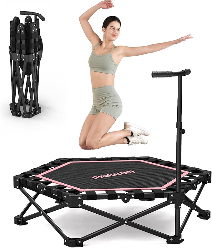 HXD-ERGO 42'' Foldable Mini Trampoline, Rebounder Trampoline with Adjustable Foam Handle, Fitness Trampoline for Indoor, O...
