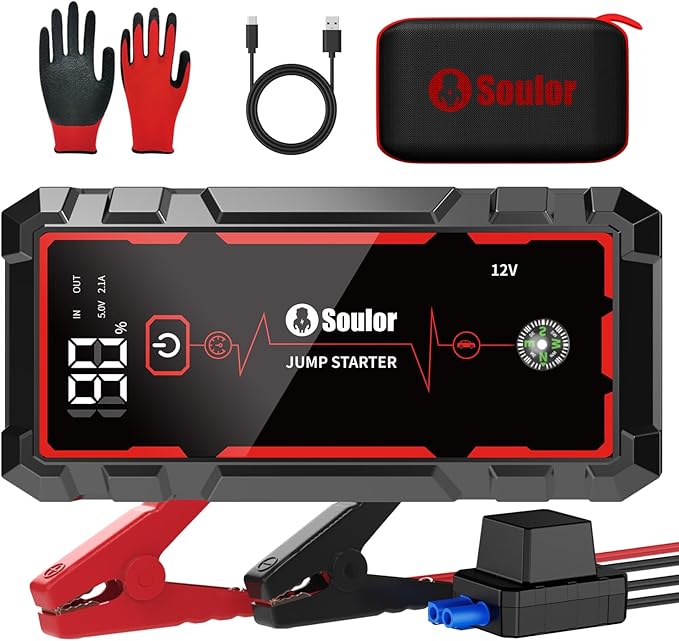 Jump Starter, Battery Jumper Starter Portable, Car Battery Jump Starter with 3 Modes Flashlight, Compass, Power Bank and J...