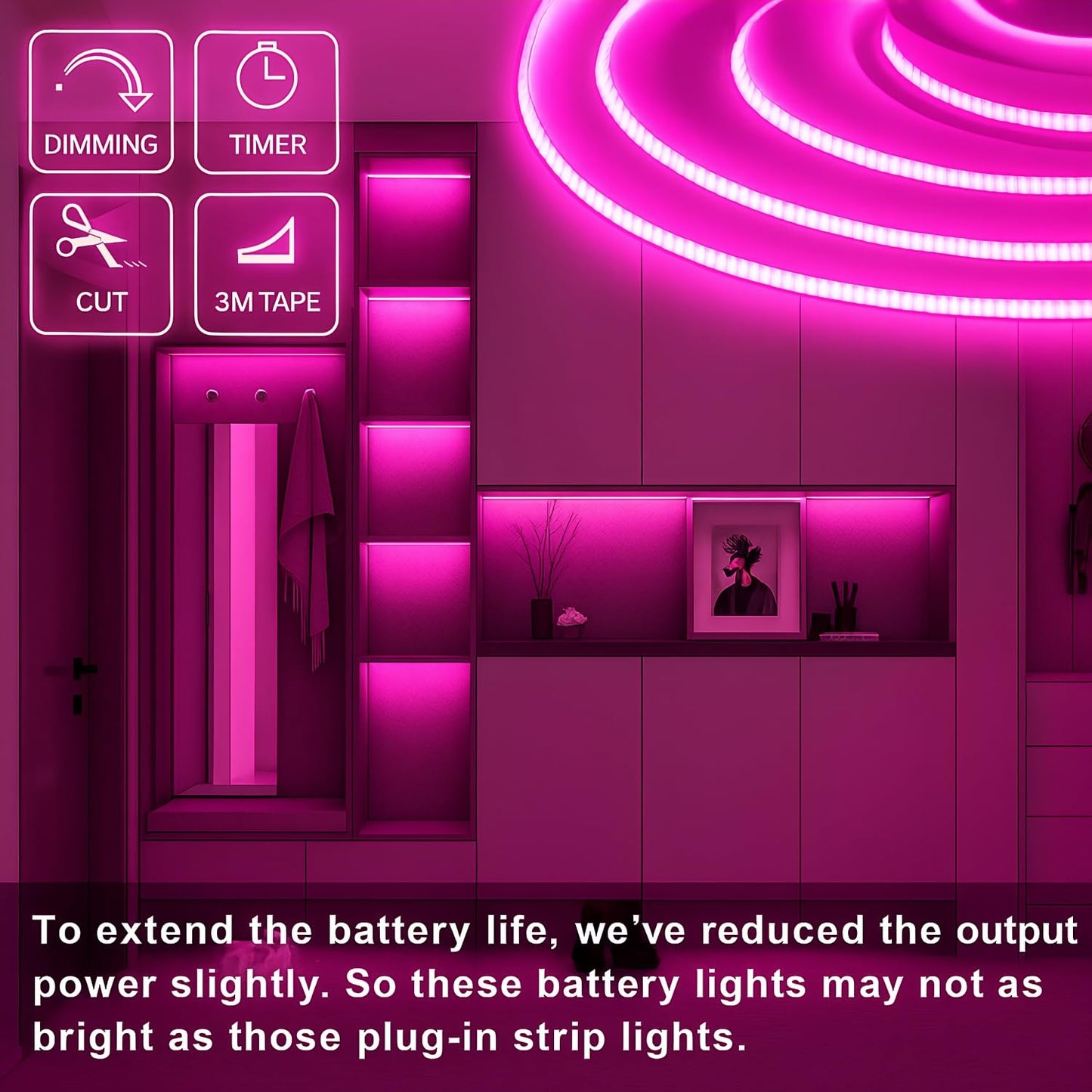 Pink Cob Led Strip Lights Battery Powered With Remote  6.56Ft 640Led Light Strip Dimmable Cuttable Flexible Wireless Led Tape Light For Gifts  Bedroom  Party  Tv Backlight  Home Lighting Decor