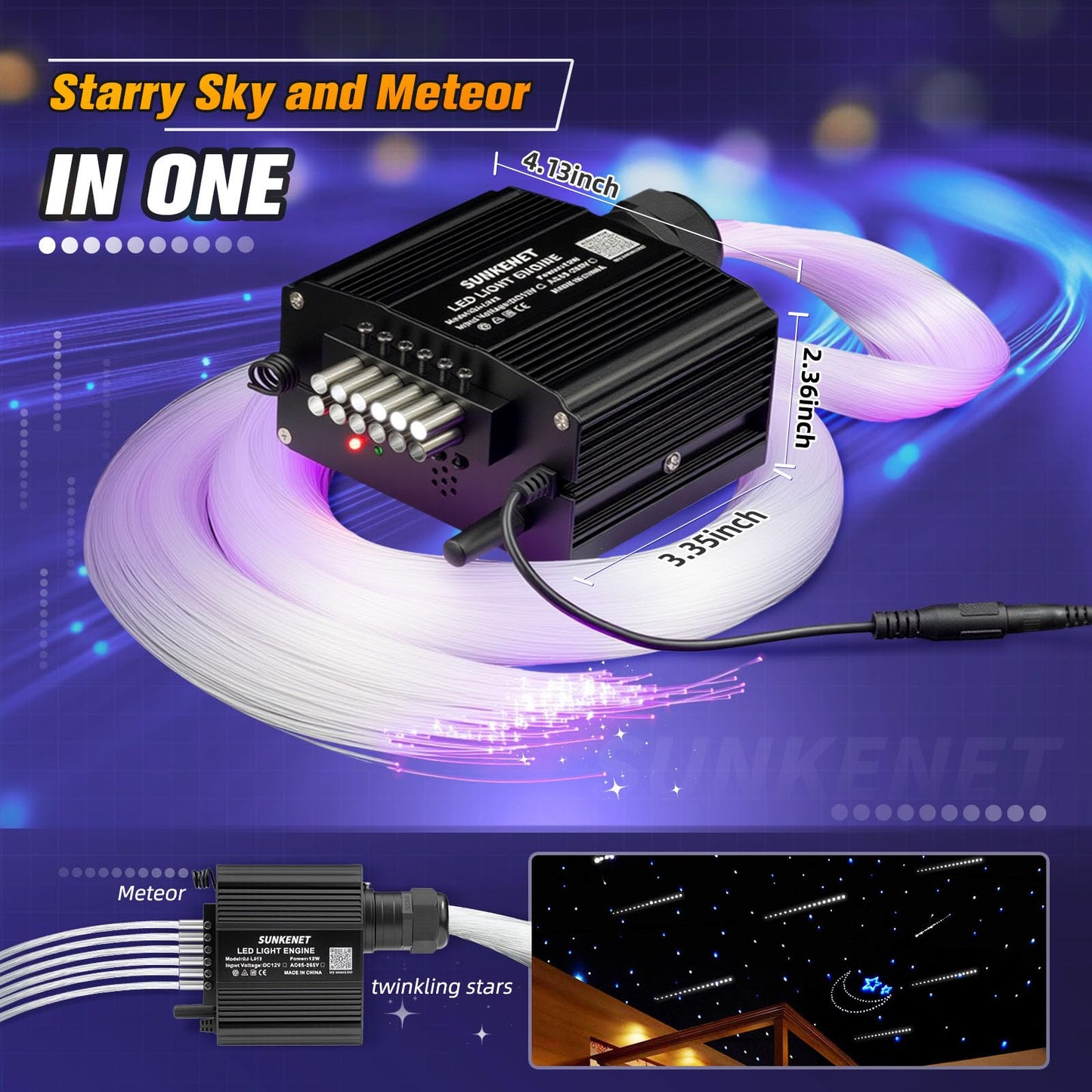 SUNKENET 12W RGBW Starlight Headliner Kit, 300pcs Fiber Optic Lights, Cool White, Model QJ-L012, with Bluetooth APP/Remote Control