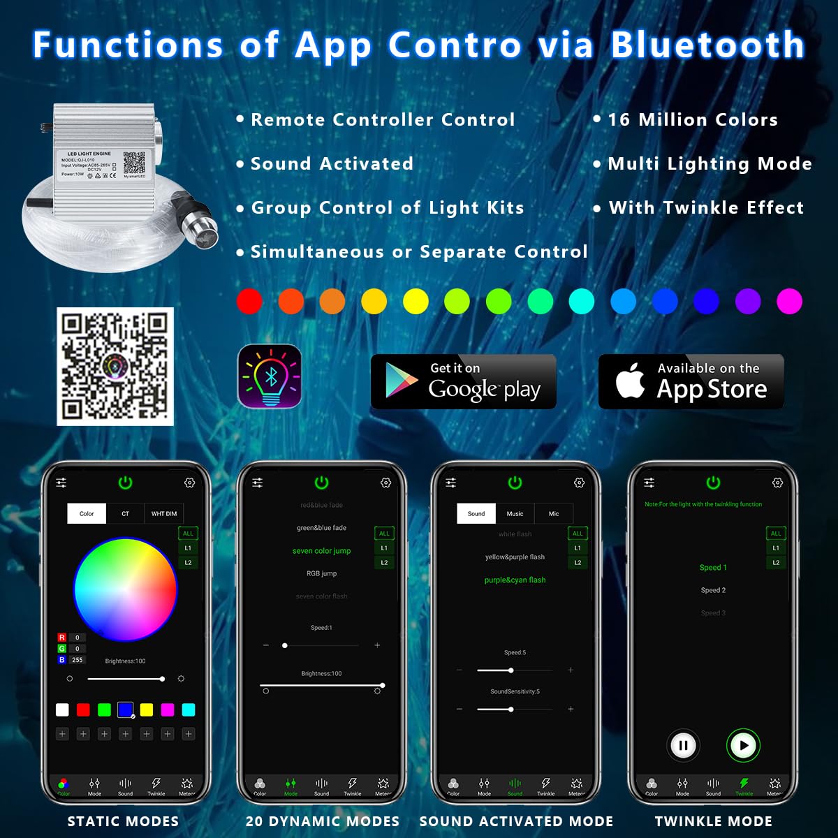 AKEPO Fiber Optic Sensory Lights for Autism Sensory Room for Kids, 10W RGBW Twinkle+Music Response+Bluetooth App Control Fiber Optic Light Engine with (3x0.75mm) Flash Point Cable 50pcs of 6.5ft/2m