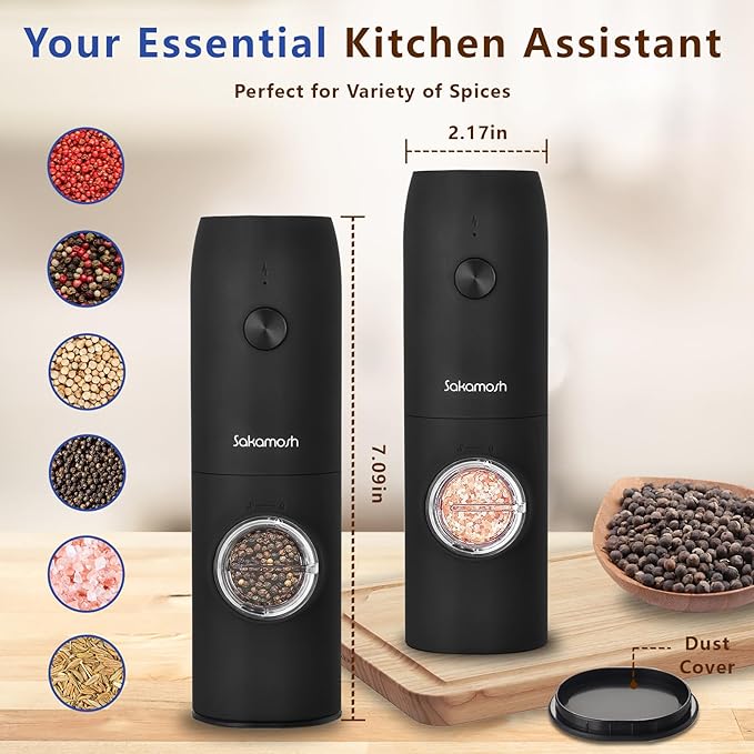Electric Salt Pepper Grinder Set Rechargeable, Automatic Pepper Mill Shakers with LED Light, Adjustable Coarseness, Dust cover, One-Hand Operation for Kitchen, Black