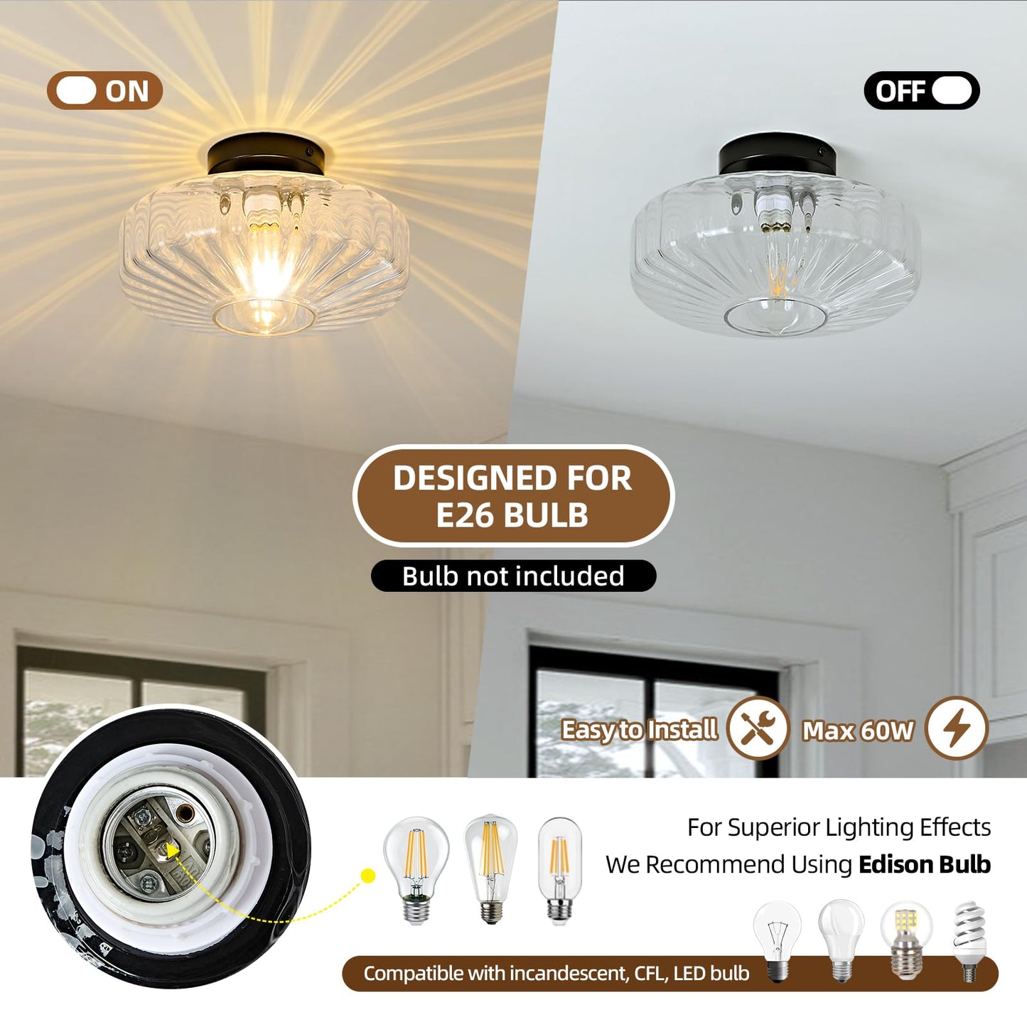 Mazu House Glass Semi Flush Ceiling Light Fixture - Vintage Mid Century Modern - 12 in - Clear Glass - Model DDXD09-TM-300